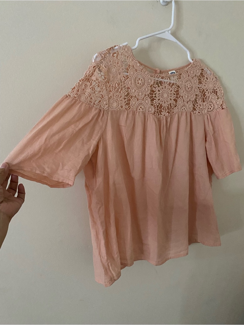 Old Navy Peach Crochet Yoke Short Sleeve Flowy Blouse oversized - Picture 2 of 7